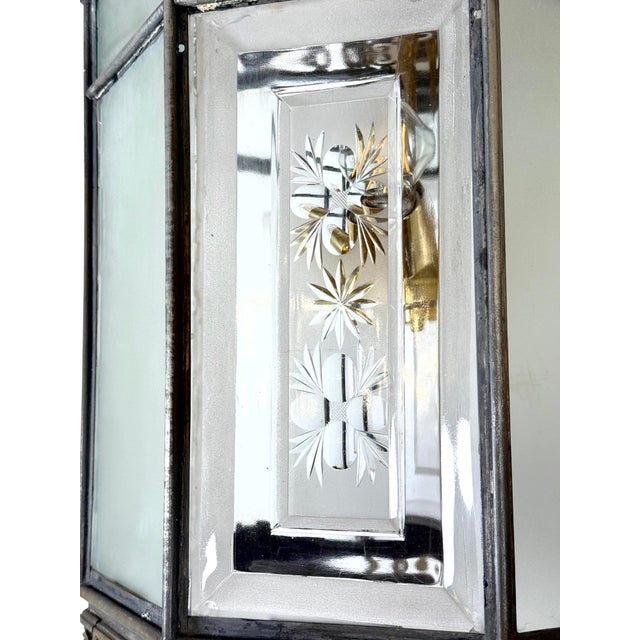 Metal Antique Neoclassical Bronze & Etched Glass Ceiling Lantern For Sale - Image 7 of 11