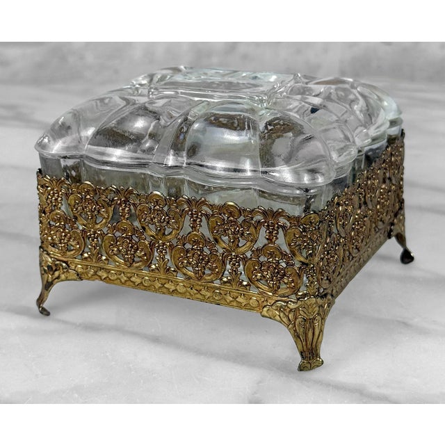 Rococo Vintage Rococo Gold Filigree & Scalloped Glass Vanity Trinket Box For Sale - Image 3 of 10