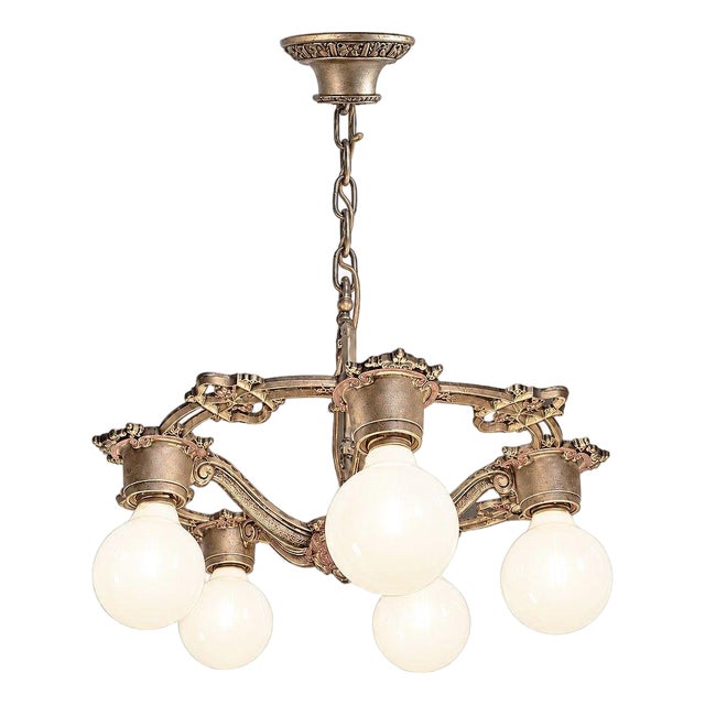 1928 Art Deco Brass Petite Five Light Circular Polychrome Chandelier For Sale