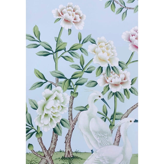 W24"*h48"/Panel * a Set of 3 Panels Peony on Light Blue Tea Paper, Wall Artwork, Painting, No Frame, Tea Wallpaper For Sale - Image 6 of 7
