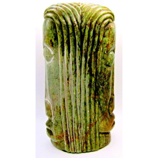 Guatemalan Jadeite Jade Mayan Warrior 11.5" Carving with Two Faces and Headdress Measures 5 3/4" wide, 3 5/8" deep and 11...