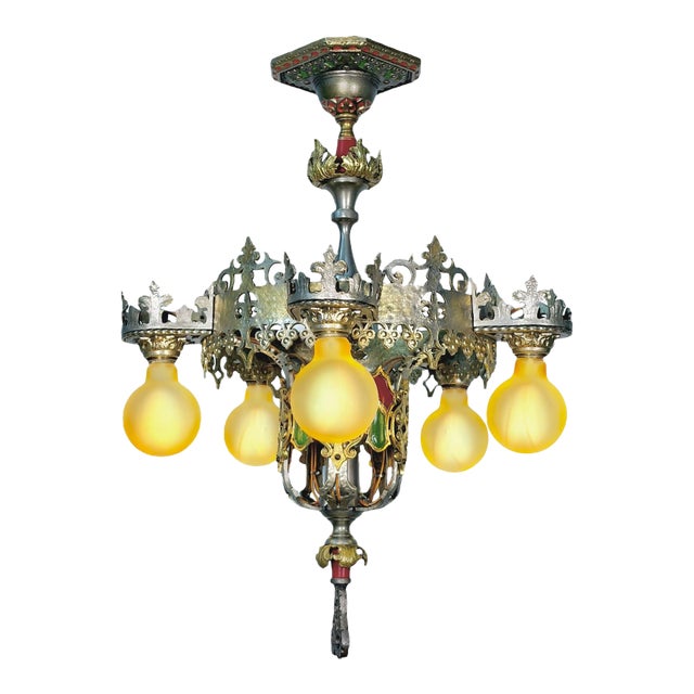 1927 Spanish Revival Semi Flush Chandelier With Original Polychrome Finish For Sale