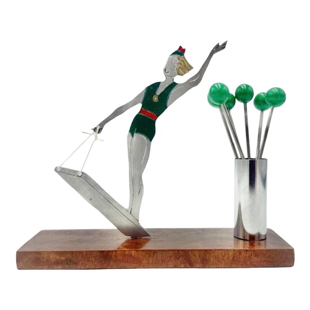 Vintage Sudre Female Waterskier Cocktail Garnish Set Paris Art Deco C1930s For Sale