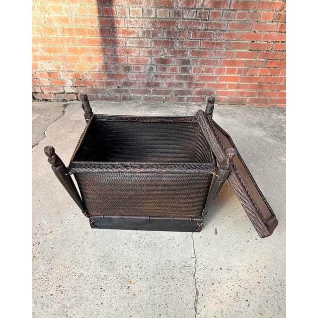 Chic Vintage Maximalist Tribal Rattan Storage Trunk / Japandi Coffee Table With Carved Guardians For Sale - Image 11 of 12