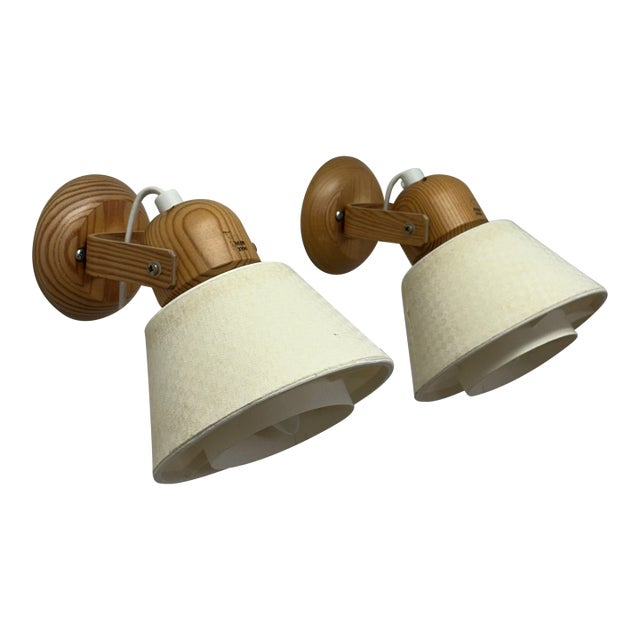 1970s Swedish Pine and Fabric Wall Lights Solbackens Svarveri - A Pair For Sale
