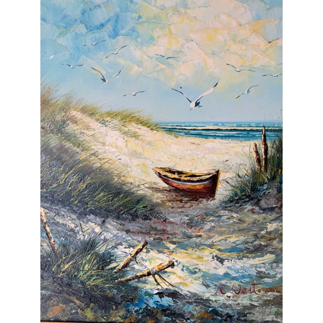 1970's R. Weston Impressionist Beach Seascape Original Oil Painting, Framed For Sale - Image 10 of 12