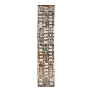 Modern Moroccan Style Handmade Brown Geometric Wool Runner For Sale