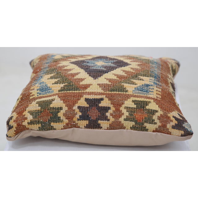 Tribal Arteverk Handwoven Afghan Kilim Pillow — Brown & Red Diamond Medallion For Sale - Image 3 of 3