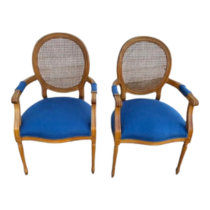 A Set of Vintage Cobalt Blue French Provincial Louis XVI Style Oval Cane Rattan Arm Chairs