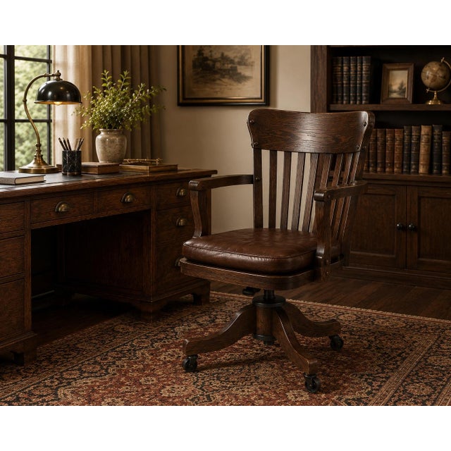 EXCEPTIONAL ANTIQUE SOLID OAK ADJUSTABLE SWIVEL OFFICE CHAIR WITH ORIGINAL CASTERS & REMOVABLE LEATHER CUSHION A...