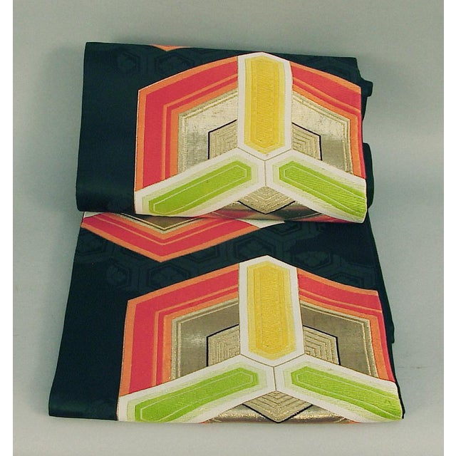 Japanese Viintage Silk Japanese Obi, Wildly Colorful Hexagons on Black For Sale - Image 3 of 6