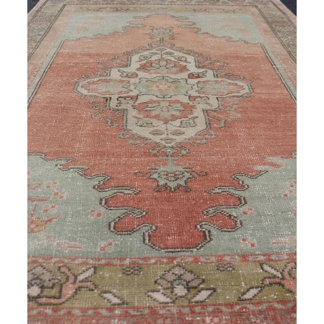 Vintage Turkish Oushak Rug With Medallion in Earthy Color Tones With Coral Color 3'2 X 5'11 For Sale - Image 4 of 10