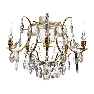 Brass Bathroom Chandelier With Almond Crystals and Obelisques For Sale