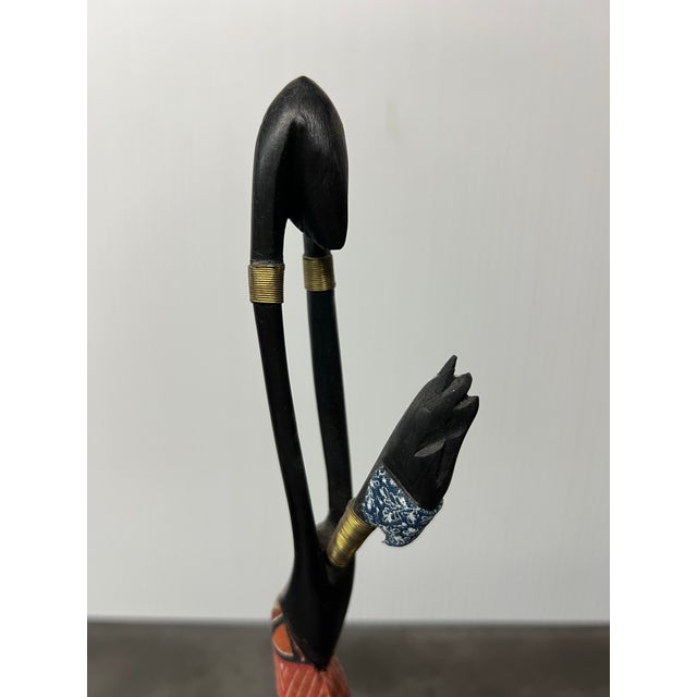 Brown Handcrafted African Carved Figurine + Fabric Headpiece + Wood Carved + Metal Accents For Sale - Image 8 of 11