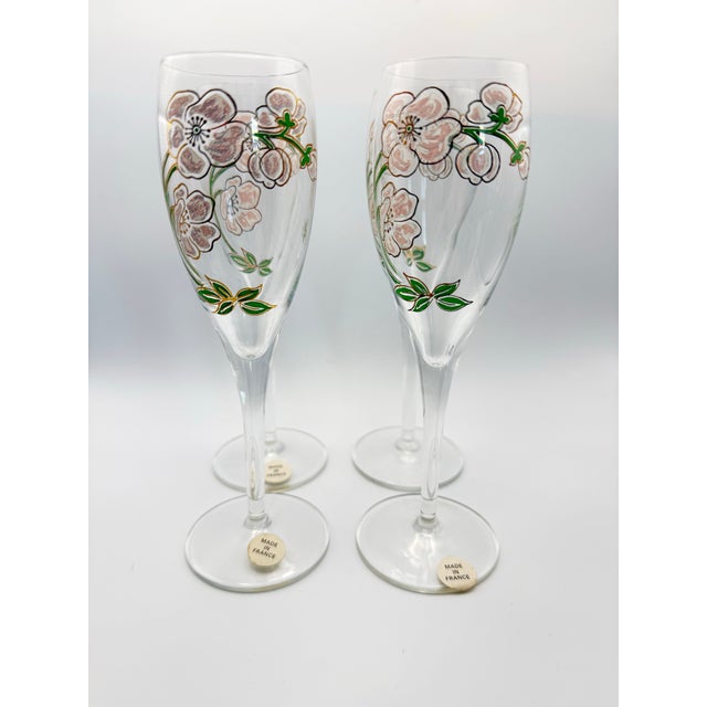 Pink 1990s Pierre Jouet France Époque Art Nouveau Crystal Champagne Flutes Pink Flowers - Set of 4 For Sale - Image 8 of 11