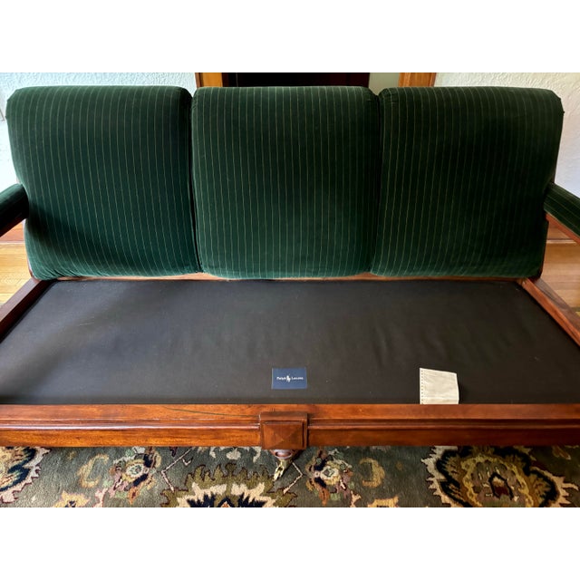 1990s Ralph Lauren American Oversized Velvet Green Upholstered Sofa With Scroll Wood Arms For Sale - Image 10 of 12