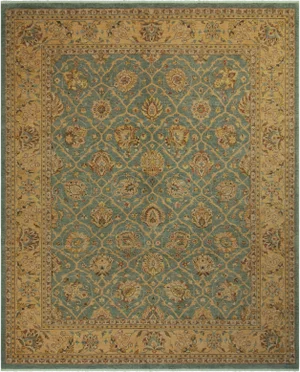 1990s Boho Chic Kafkaz Lt. Blue/Green Hand-Knotted Rug - 8'1 X 9'11