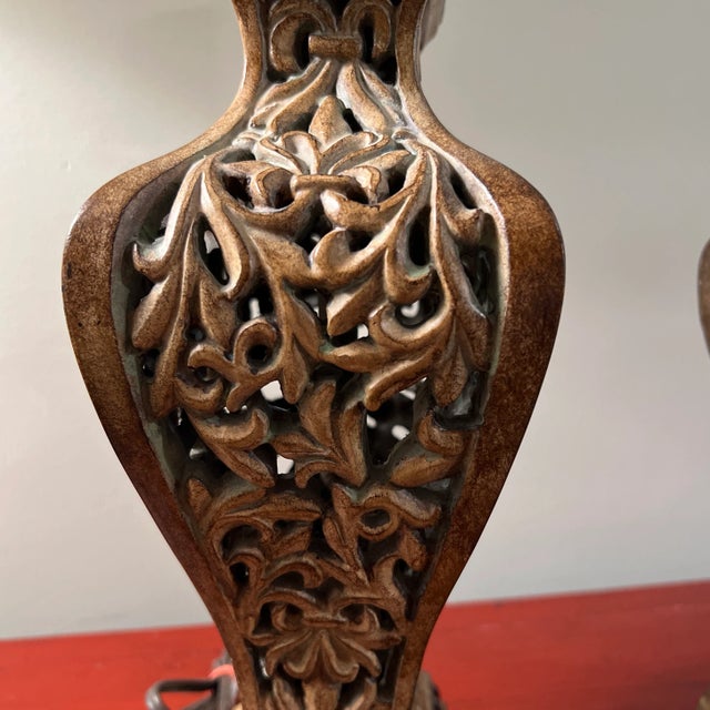 Pair Decorative Chinese Import Composite Filigree Lamps For Sale - Image 10 of 11