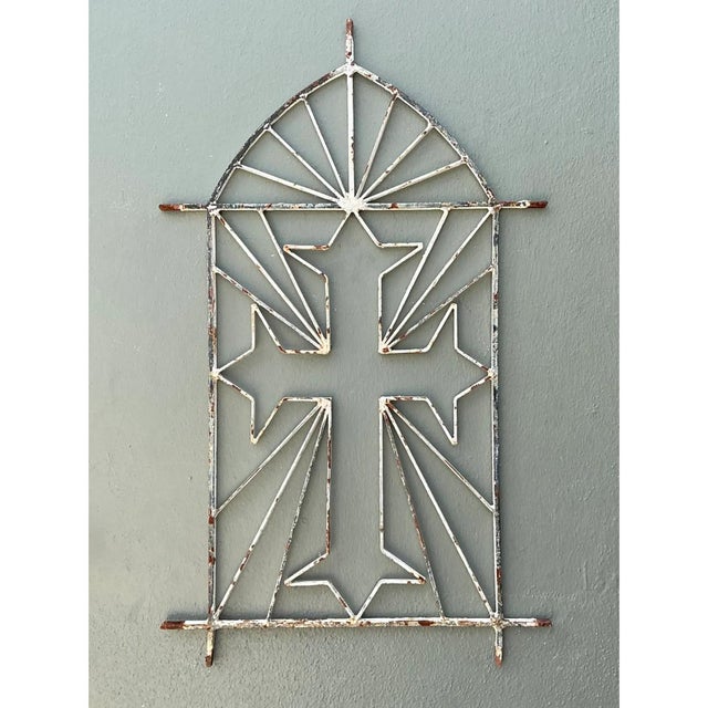 Vintage Architectural Element Metal Cross Window Grate For Sale - Image 4 of 12