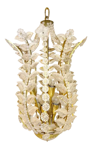 1950's Mid Century 10 Light Frosted Crystal Flowers & Petals Lantern Chandelier by Palme & Walters "Palwa"