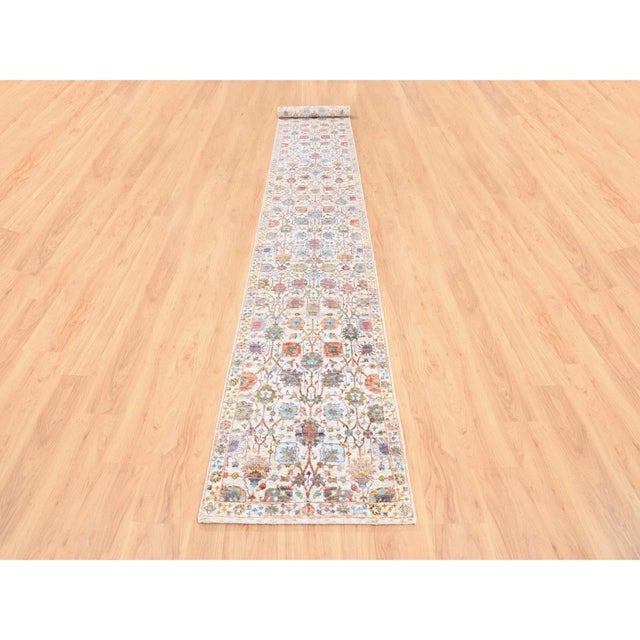 White Colorful Silk With Textured Wool Tabriz Vase With Flower Design Hand Knotted Oriental XL Runner Rug For Sale - Image 8 of 9