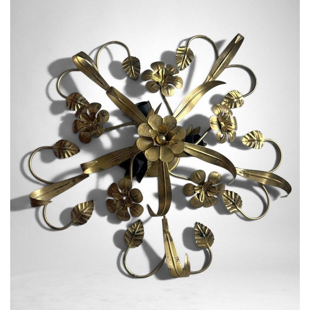 Vintage Italian Florentine Style Gilt Wrought Iron Flush Mount Ceiling Light For Sale - Image 4 of 18