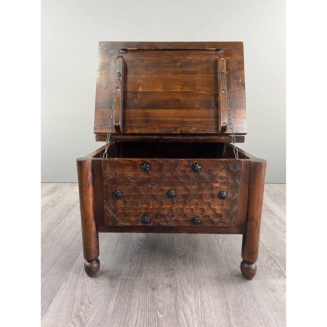 20th Century Rustic Carved Wooden Bar with Stools and Wine Chest, Set of 4 For Sale - Image 11 of 13