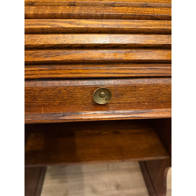 Antique Quarter Sawn Solid Oak Child's Roll Top Trestle Desk - Original Brass For Sale - Image 4 of 13