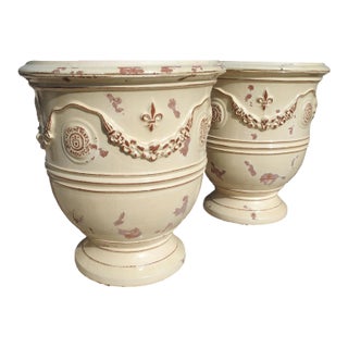 Pair of Large Ivory Yellow Glazed French Anduze Pots With Fleur De Lys For Sale