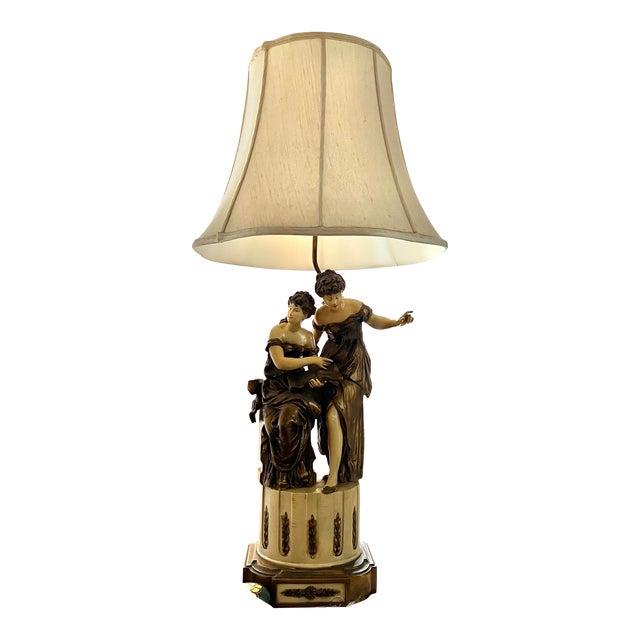Vintage French Style Lamp Statue of Ladies Reading Book For Sale