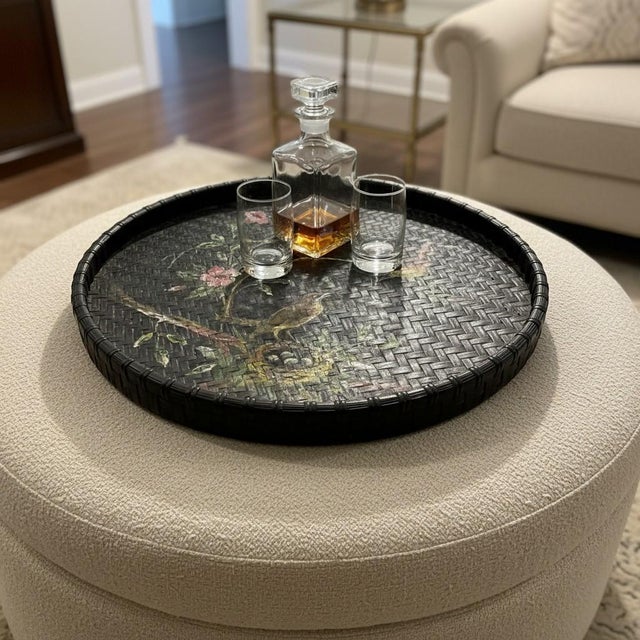 Large Hand Painted Rattan Tray-Bird-Floral-27''-Boho-Chinoiserie-Wall-Bamboo For Sale - Image 9 of 11