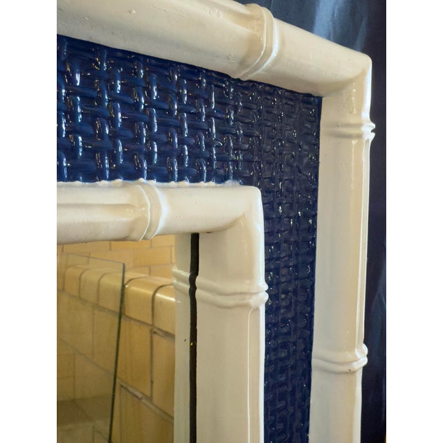 Stunning Vintage Chinoiserie Blue and White Faux Bamboo Wall Mirrors - Newly Painted - A Pair For Sale In Mobile - Image 6 of 8