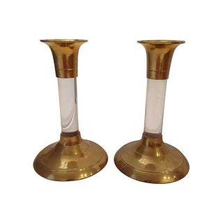 Brass & Lucite Candleholders - A Pair For Sale