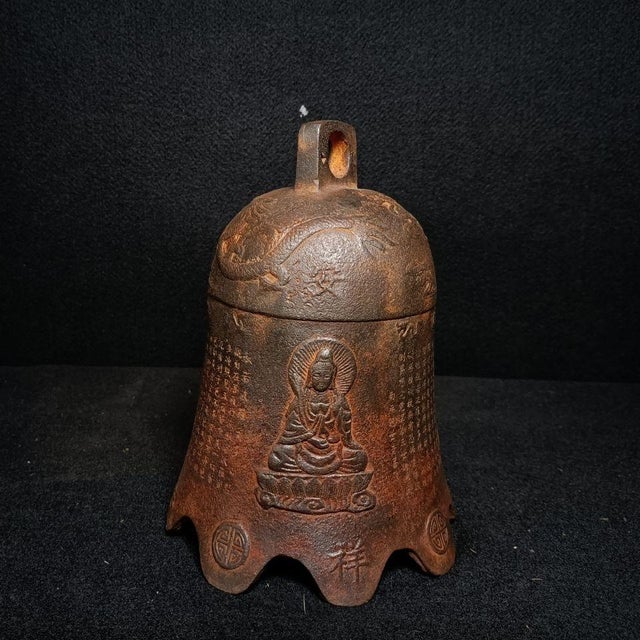 Late 20th Century Cast Iron Dragon & Phoenix Auspicious Peace Bell, Chinese Feng Shui Hanging Bell, “Good Fortune & Harmony” Symbolic Decor For Sale - Image 5 of 6