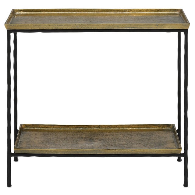 The Boyles Brass Side table has a simple forged iron base in a black iron finish holding an antique brass tray-like top....