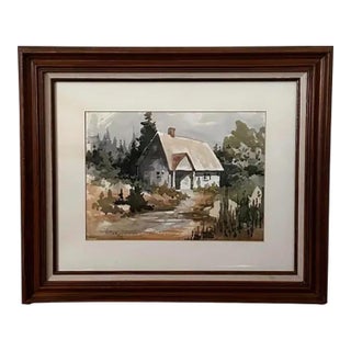 1986 Watercolor of House and Trees Signed but Artist Unknown For Sale