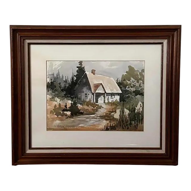 1986 Watercolor of House and Trees Signed but Artist Unknown For Sale