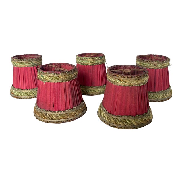 Antique French Raspberry Silk Boudoir Lampshades With Gold Chenille Trim - Set of Five For Sale