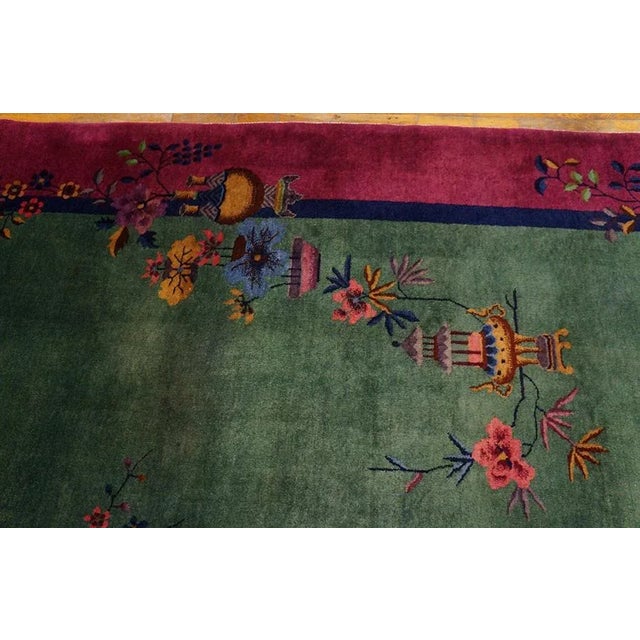 1920s 1920s Green Floral Vase Antique Chinese Art Deco Rug 8'0" X 9'4" Handknotted Wool Carpet For Sale - Image 5 of 9