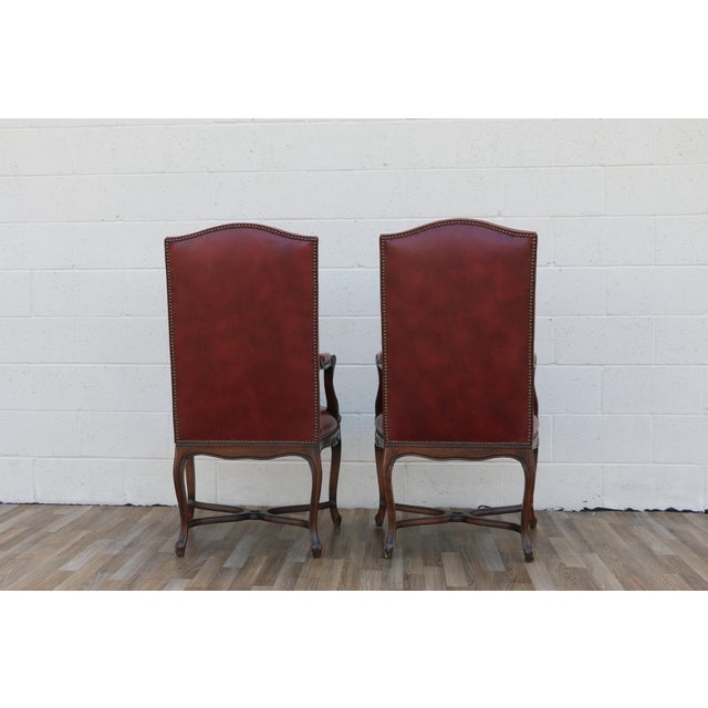 1980s Pair of Vintage English Regency Style Leather Armchairs | Carved Wood Frame, Nailhead Trim For Sale - Image 5 of 18