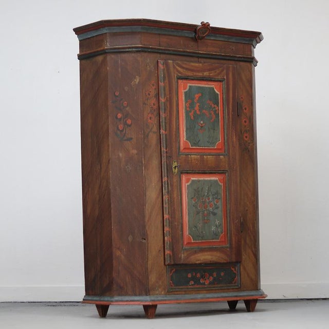 Wood Rustic Farmhouse Painted Folk Art Bridal Cabinet dated 1818 For Sale - Image 7 of 15