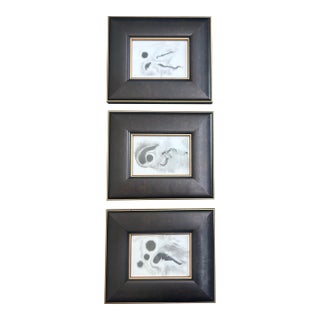 Contemporary Three Original Abstract Black Ink Watercolor Paintings - Set of Three For Sale