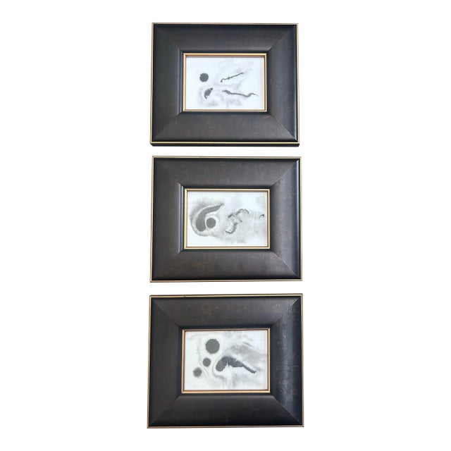 Contemporary Three Original Abstract Black Ink Watercolor Paintings - Set of Three For Sale