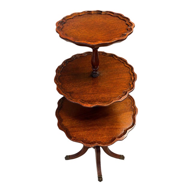 Vintage Mid Century Three-Tier Oak Dumbwaiter Pie Table With Deep Scalloped Shelves & Brass Paw Feet For Sale