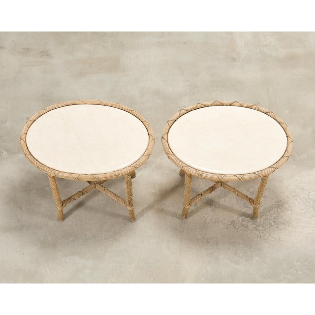 Danny Ho Fong Pair of Danny Ho Fong Organic Modern Rattan Marble Tables For Sale - Image 4 of 18