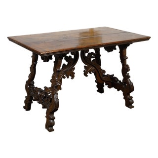 Italian 18th Century Baroque Walnut Fratino Console Table with Carved Foliage For Sale