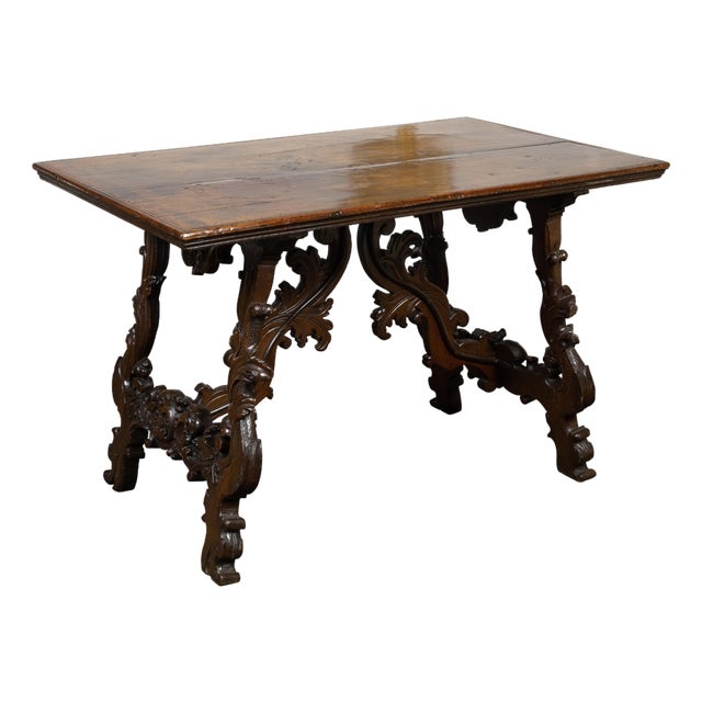 Italian 18th Century Baroque Walnut Fratino Console Table with Carved Foliage For Sale