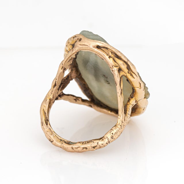 70s Vintage Agate Frog on Lilypad Ring 14k Yellow Gold Size 9 Fine Cocktail Jewelry For Sale In Los Angeles - Image 6 of 7