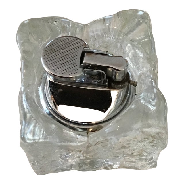 Mid-Century Heavy Glass Ashtray and Cigarette Lighter For Sale