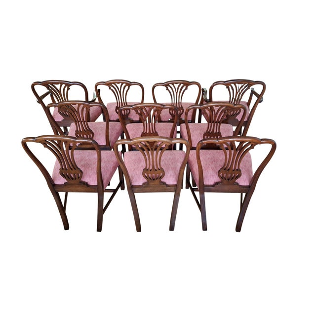 Set of 10 Smith & Watson mahogany dining chairs in the chippendale style 2 armchairs: 25" W x 21.5" D x 38.5" H arm...
